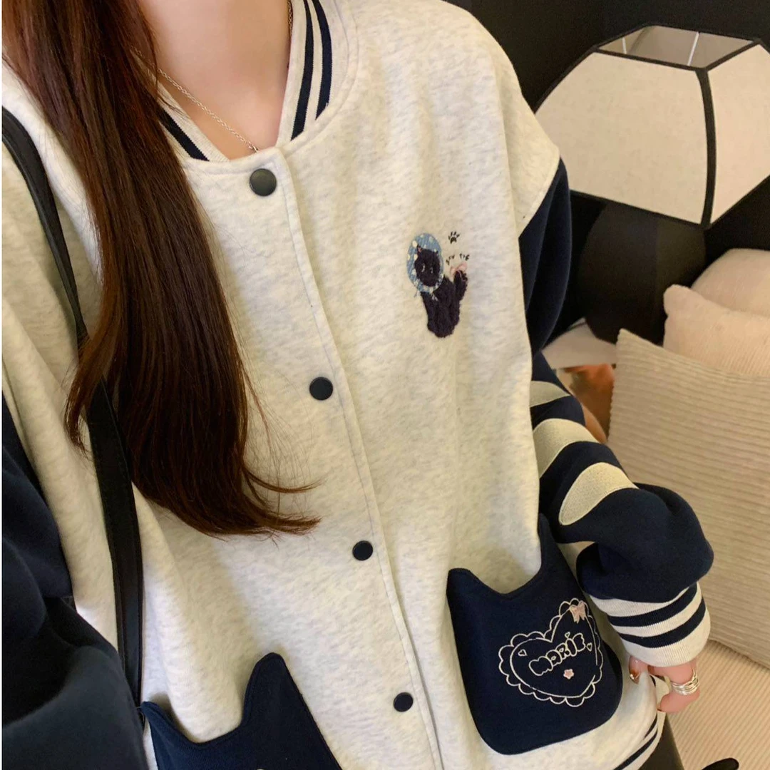 【猫咪口袋棒球服外套衫】加绒加厚6108猫咪口袋棒球服外套显瘦