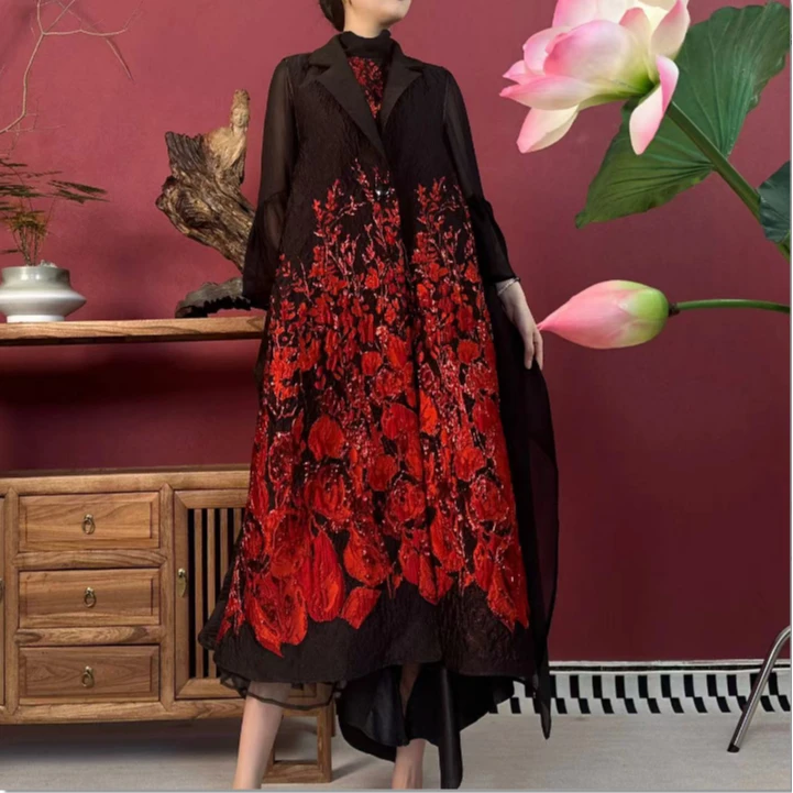 【大海轻奢】BF32541新款黑色红花刺绣百搭气质宽松设计师时尚外披