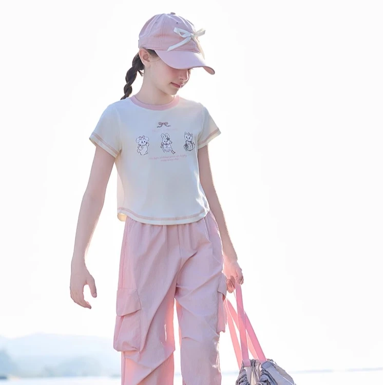 女童运动服两件套夏装新款大童t恤伞兵裤儿童时髦休闲两件套1076