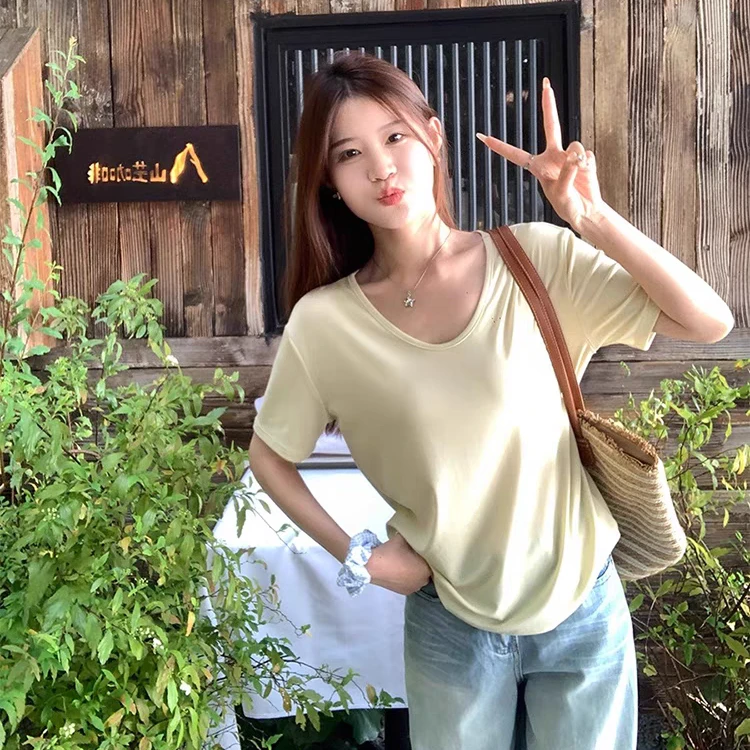 【大美 】锁骨领休闲百搭V领短袖T恤9626
