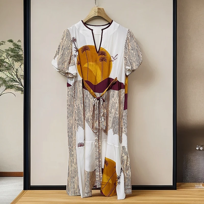 CJ144 林秀英 -C家  舒适印花绑带真丝短袖连衣裙WD21182