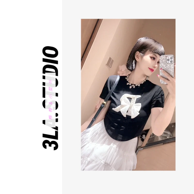 欧美风字母圆领纯色镶钻短袖T恤时尚ins短款韩版显瘦