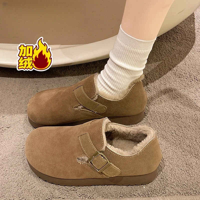 全包勃肯鞋女2025年秋冬新款厚底一脚蹬懒人乐福鞋豆豆鞋勃肯棉鞋