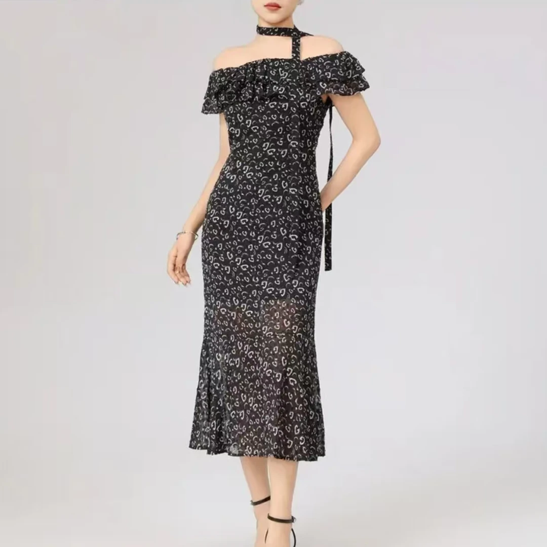 GIRDEAR/哥弟150025新款碎花长款开叉气质收腰显瘦轻奢修身连衣裙