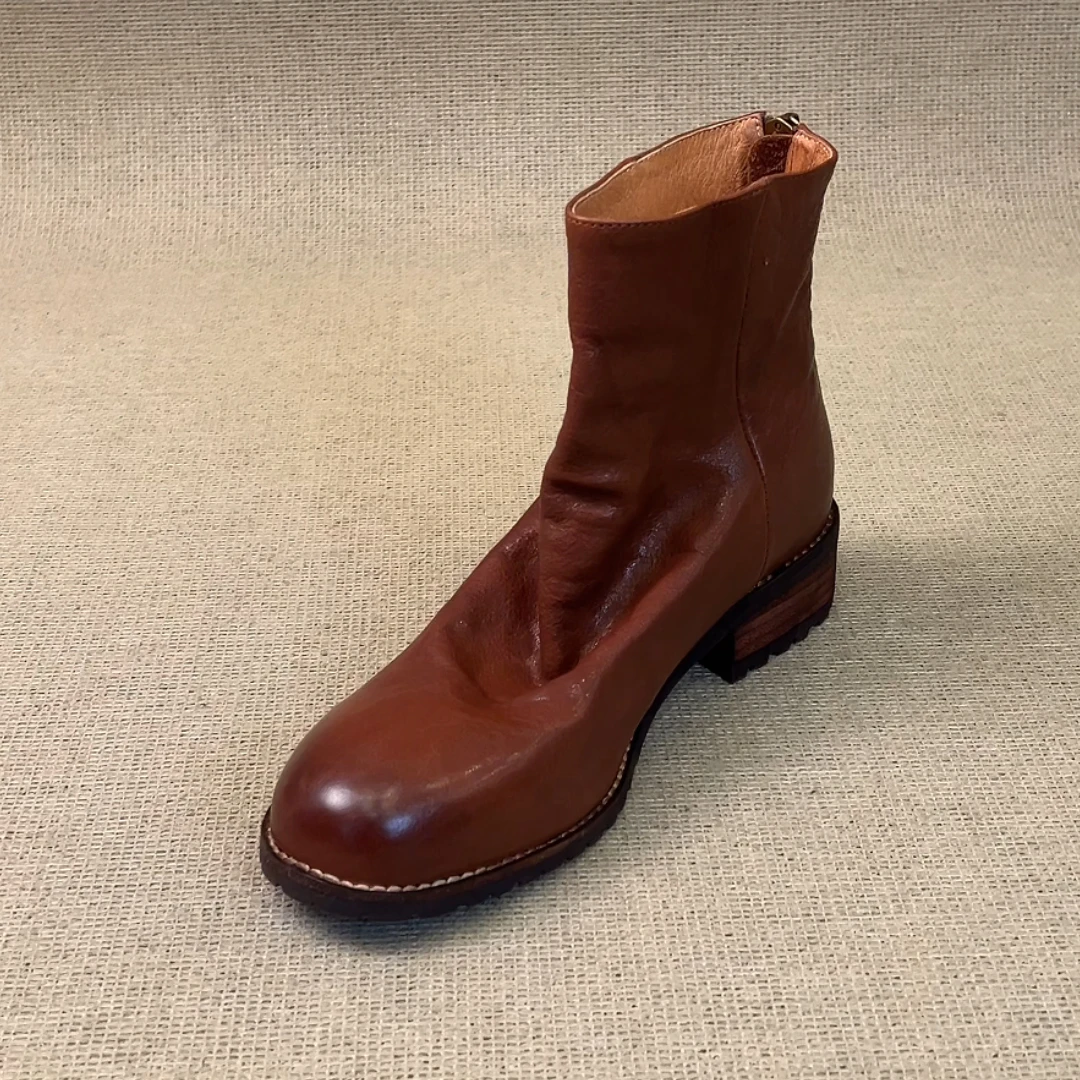 RubyL/3.5cm复古通勤褶皱后拉链舒适百搭擦色圆头粗跟短靴女款