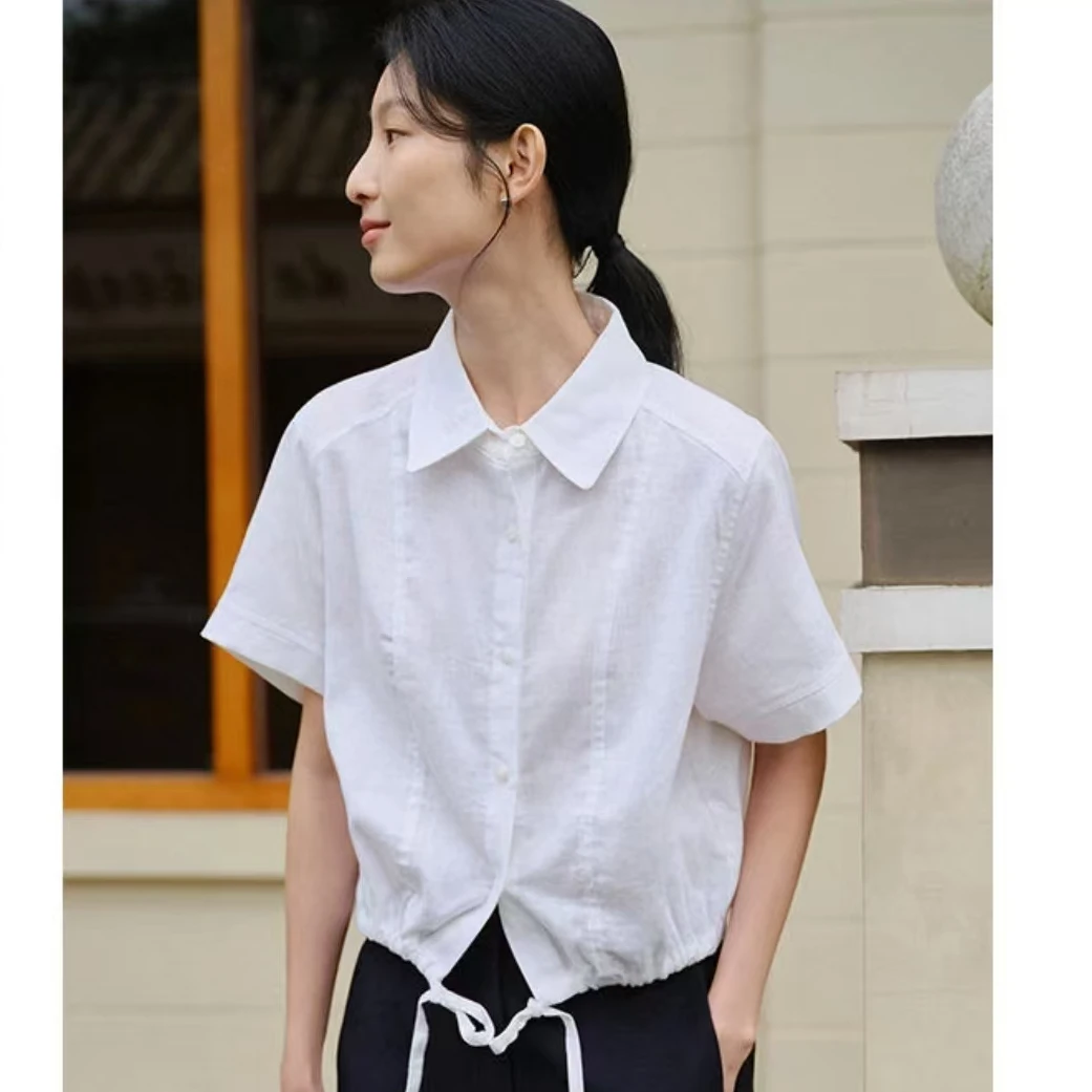 抽绳短袖衬衫女夏季新款宽松休闲上衣8360# 衣长50
