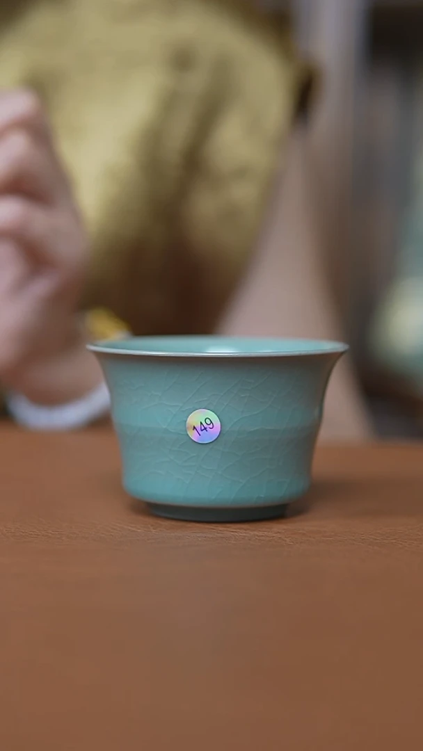 瓷片仿古翡翠绿釉竹节马蹄杯微瑕149