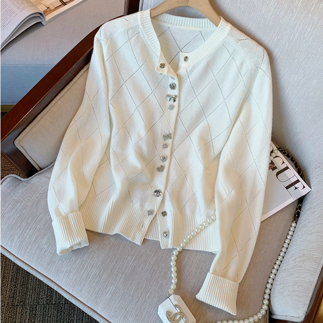 小香风菱格针织开衫外套女2025早秋新款温柔气质百搭圆领薄款上衣