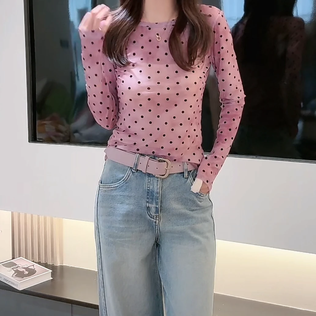 洋气微透设计感时尚波点小衫女2025春季新款修身显瘦凉感长袖上衣