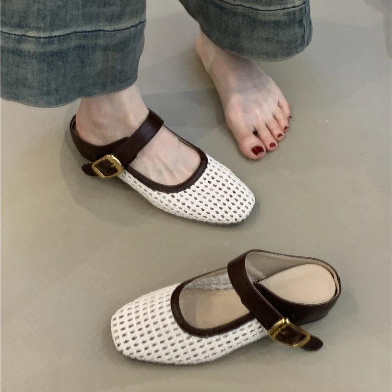 MLC-798-18法式小众包头半拖鞋女2025气质编织镂空一字扣玛丽珍鞋