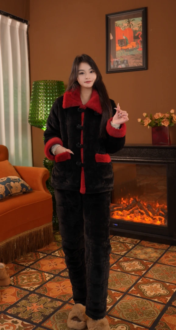【黑红●短款】【小鱼儿】家居服三层夹棉加厚冬款保暖套装
