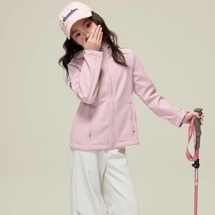 K503 女童儿童冬季加绒加厚软壳冲锋衣连帽开衫保暖外套防水夹克