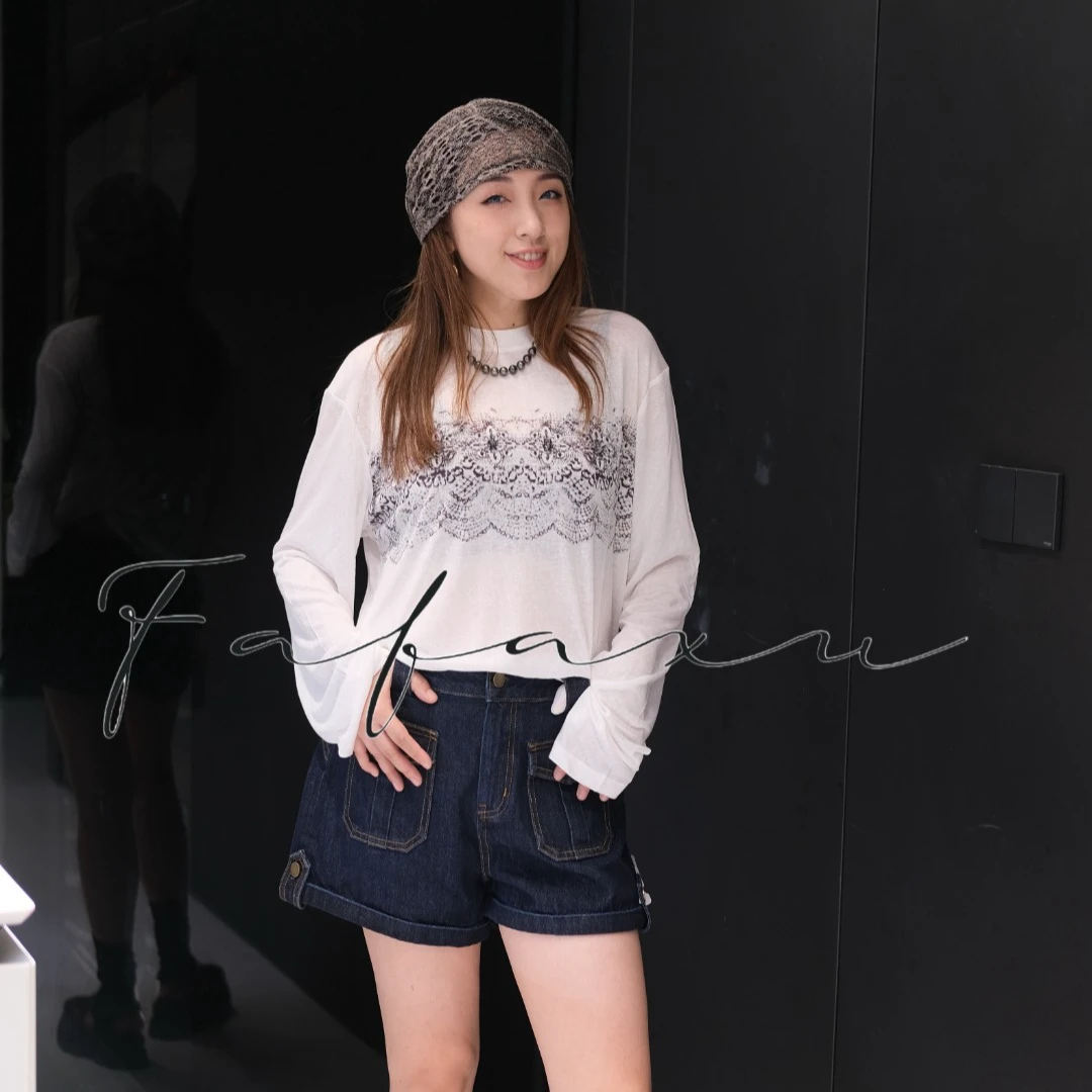 MONSTERMING-DiamondLace-打底白色印花长袖T圆领牛仔套头宽松