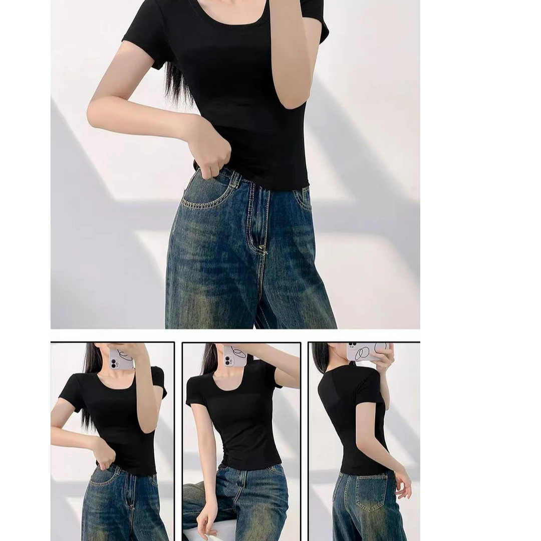 夏季简约纯色低领短袖修身上衣