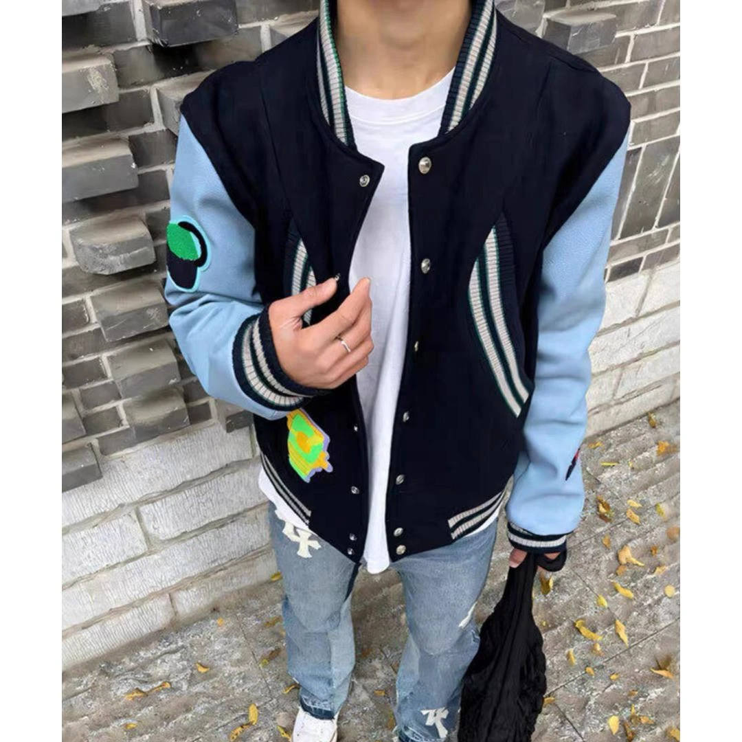 美式复古cleanfit刺绣毛呢拼pu皮棒球服夹克男女装短款潮牌外套