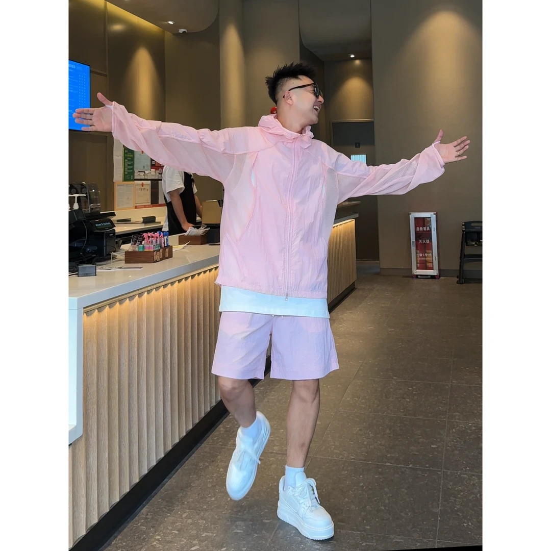 【语乐3店】男女同款拼网眼轻薄透气凉感百搭时尚套装连帽外套短裤