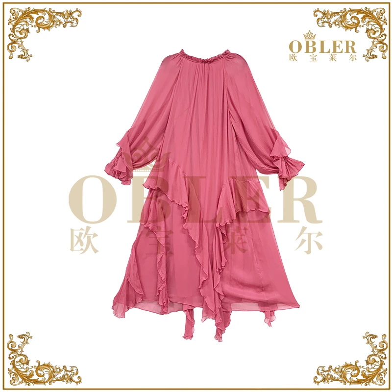 【欧宝莱尔】2025早春新款粉色长袖长款连衣裙61-2515痴狂