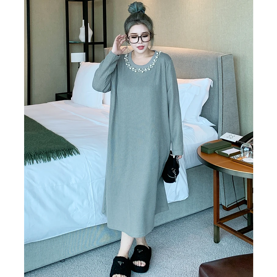 媛子大码钉珠连衣裙显瘦宽松长裙设计感高级胖mm遮肉时尚 83515