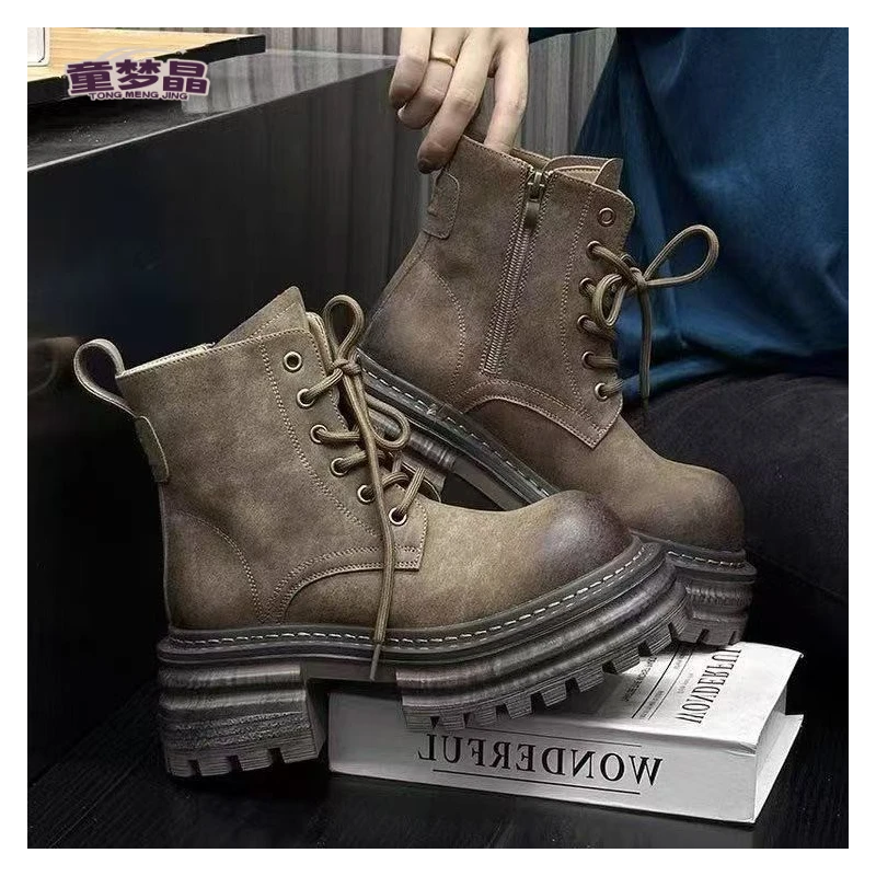 童梦晶2025新款法式复古马丁靴女厚底增高短靴英伦风系带机车靴配