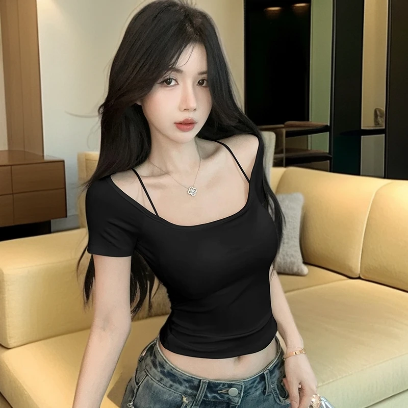 甜辣妹性感露肩短袖T恤女夏季新款吊带修身显瘦纯欲风短款上衣女