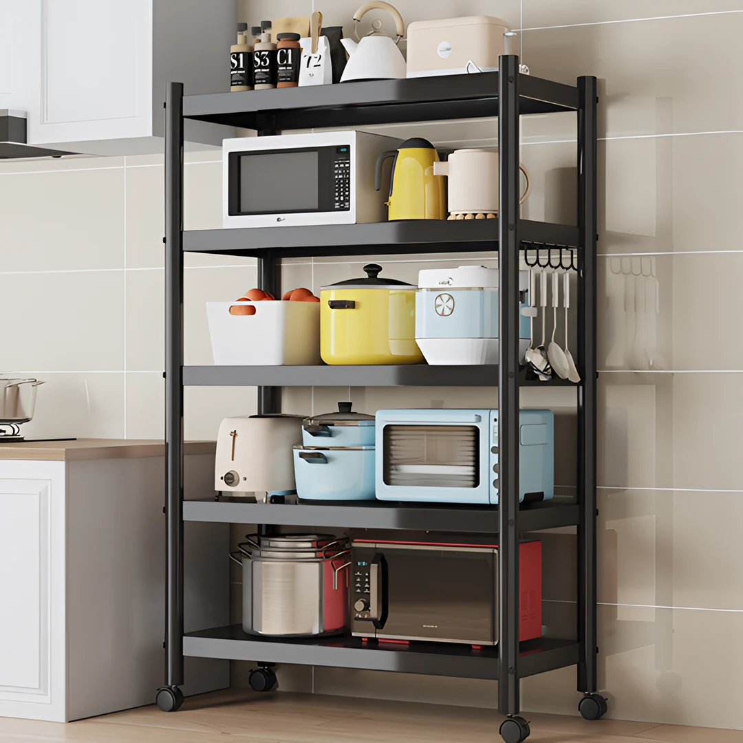 厨房60cm落地收纳架黑色厨房收纳架锅架收纳架储物柜烤箱架可移动