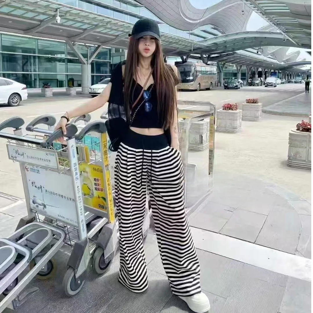 2025夏季新款韩系休闲简约上衣高腰显瘦条纹阔腿裤套装女