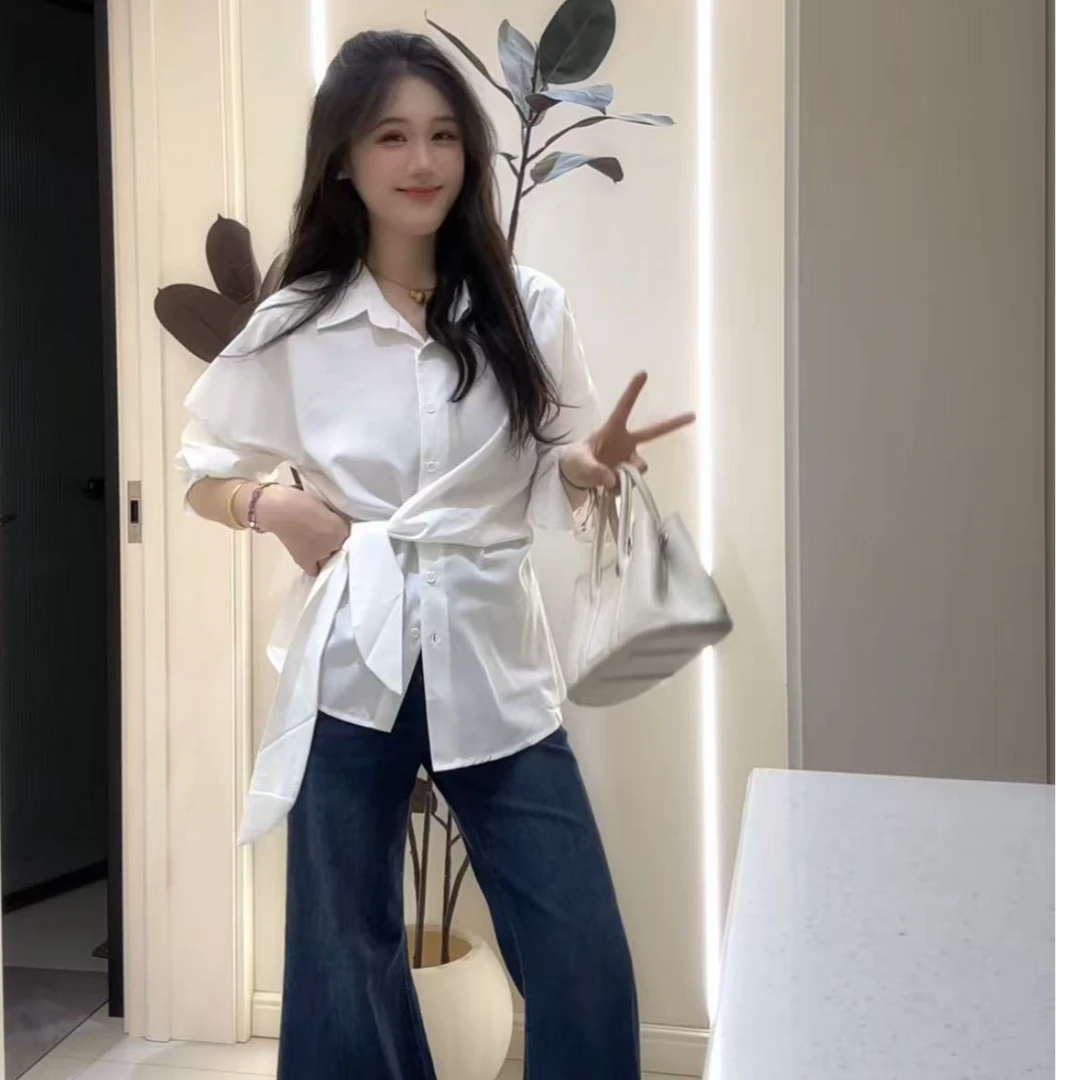 长袖修身型绑带常规款纯色气质衬衣设计感时尚小众炸街高级感女装