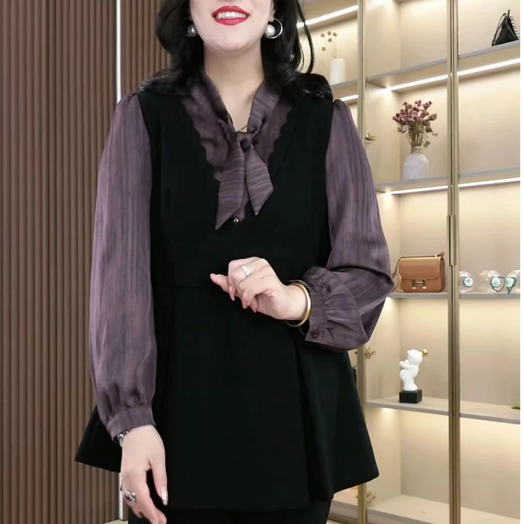 胖珍珍2025春季新款时尚气质拼接假两件衬衫遮肉显瘦收腰ZB6478