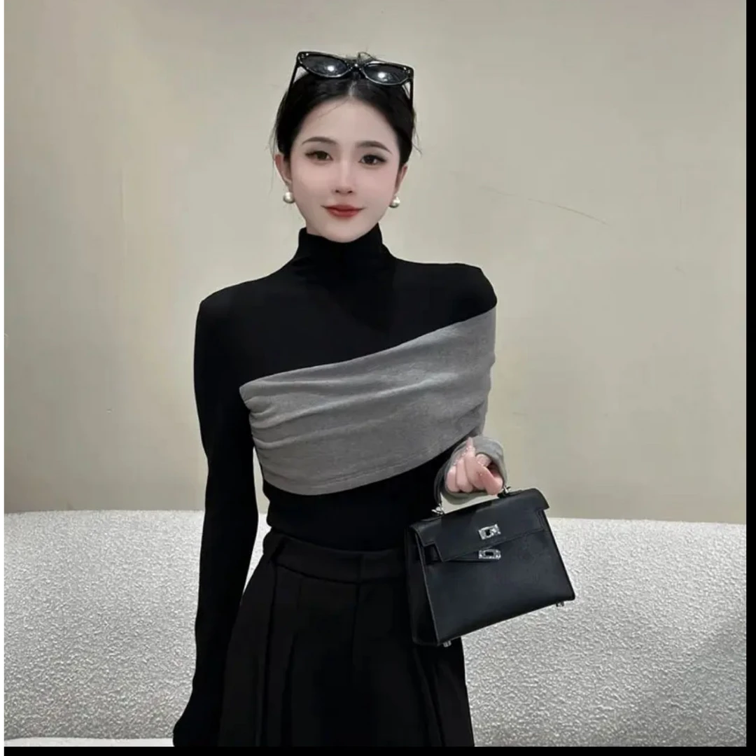 微胖大码秋季老钱风黑色长袖T恤半高领拼接打底衫修身显瘦女上衣