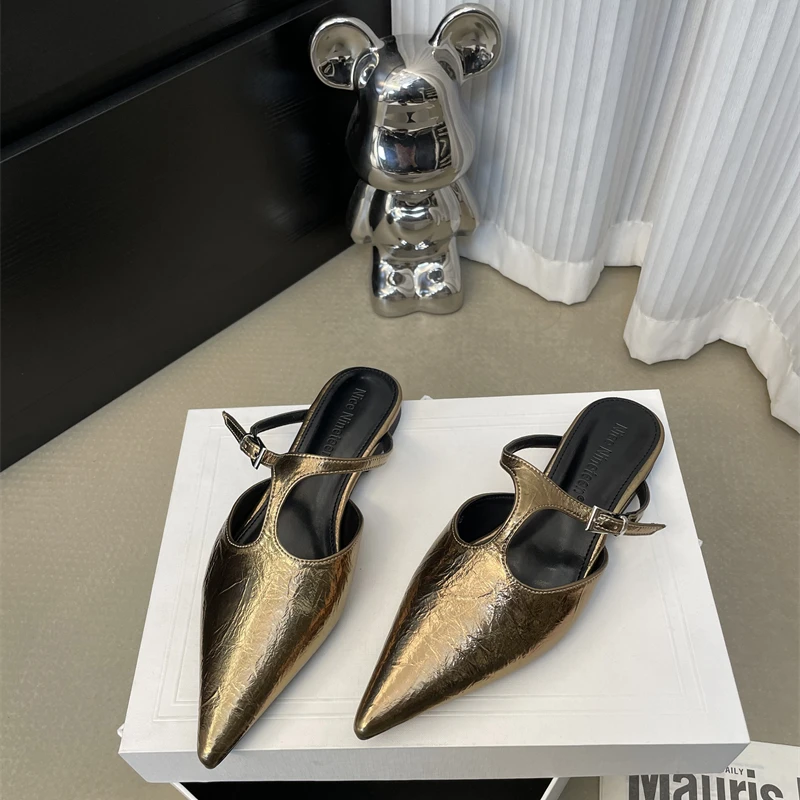 法式T字绊带尖头平底凉拖鞋女2025春夏新款时尚低跟包头穆勒半拖