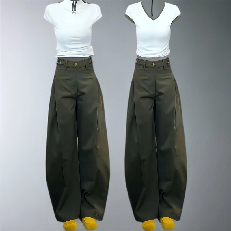 欧货墨绿色工装休闲裤女2025早秋薄款大码胖mm宽松显瘦直筒阔腿裤