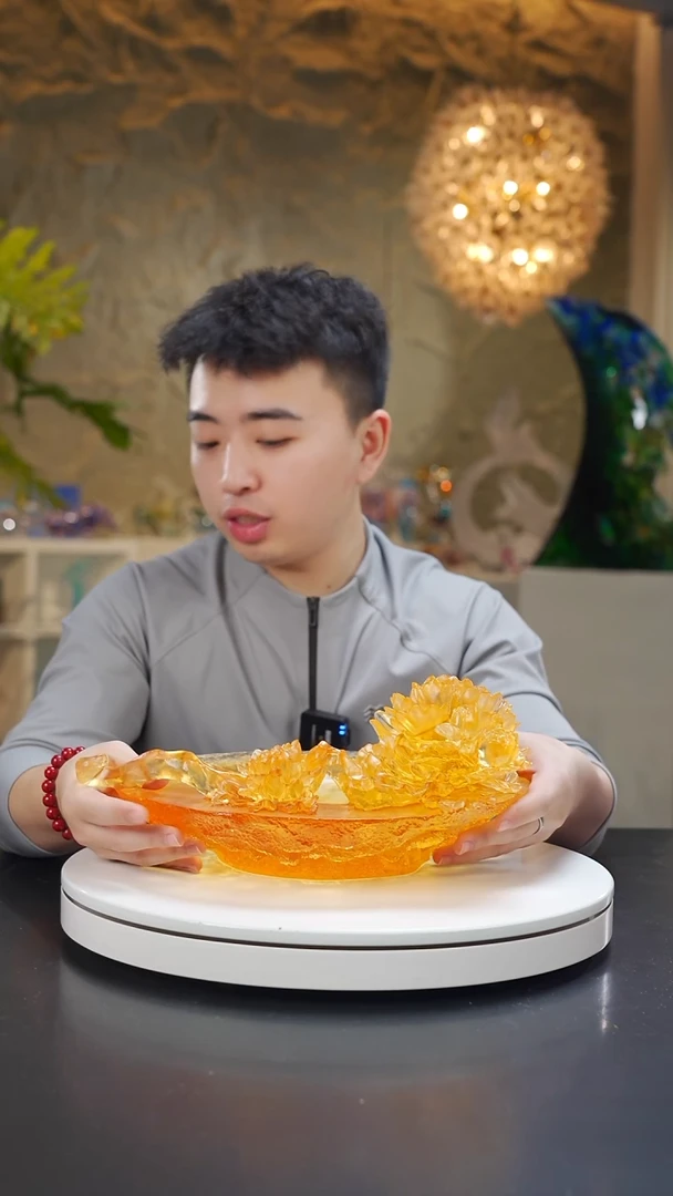 手工艺品琉璃琥珀色如意牡丹设计款果盘
