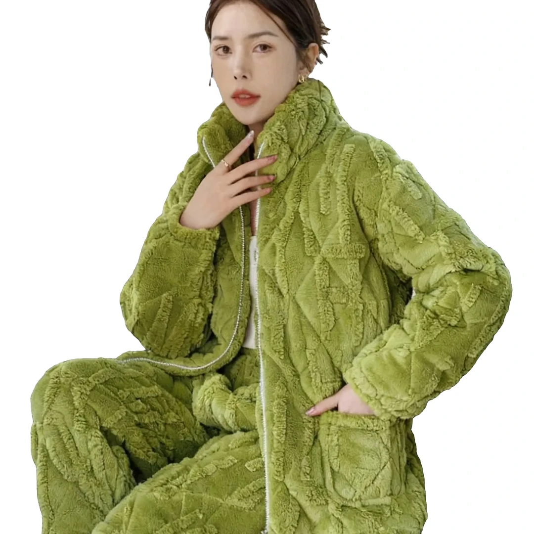 女士冬季棉衣三层夹棉加厚加绒家居服法兰绒珊瑚绒可外穿睡衣套装