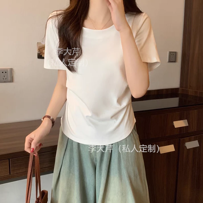 圆领收腰瘦瘦t 设计感时尚显瘦纯色百搭上衣