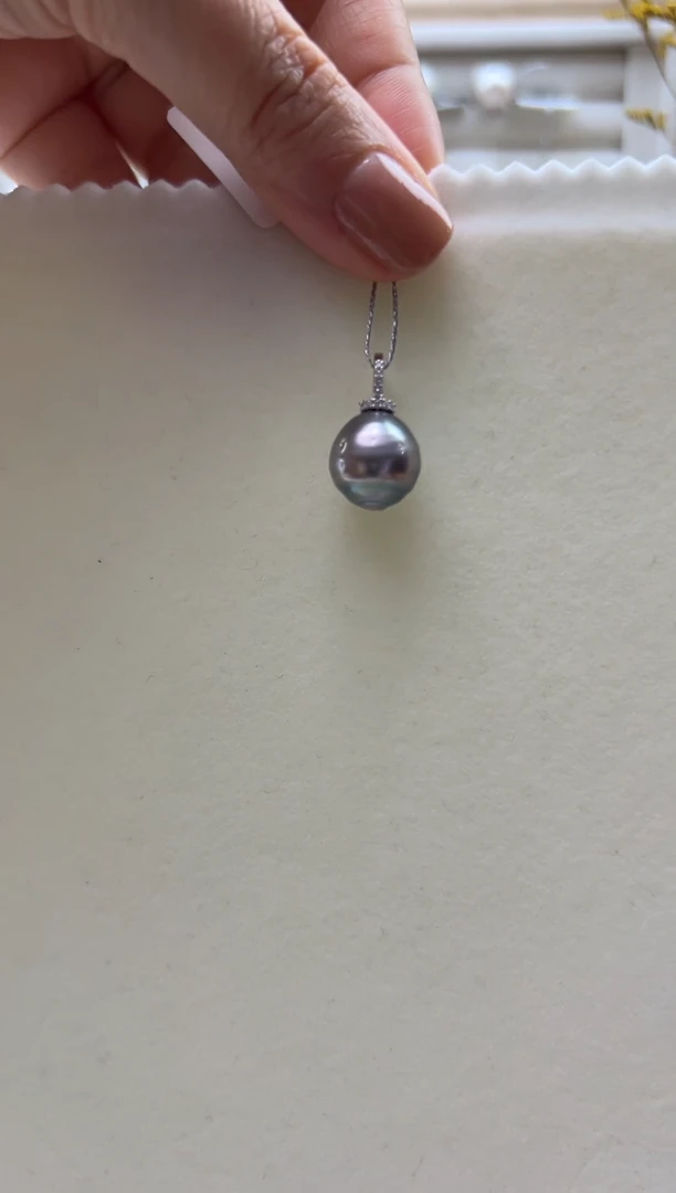 银S925镶嵌吊坠(不含链)海水珍珠12.3mm螺纹大溪地铂金灰吊坠