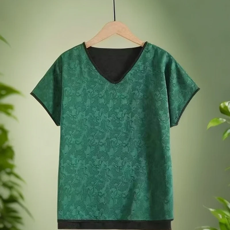 一针-新中式国风春夏新款双面双穿V领前短后长短袖