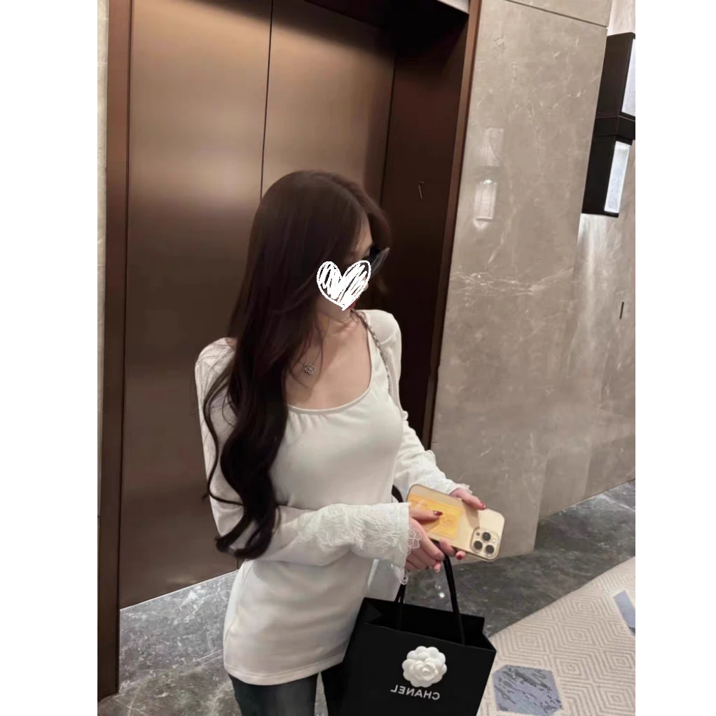白色u领蕾丝拼接长袖t恤女秋冬内搭显瘦气质纯欲风上衣#y4738