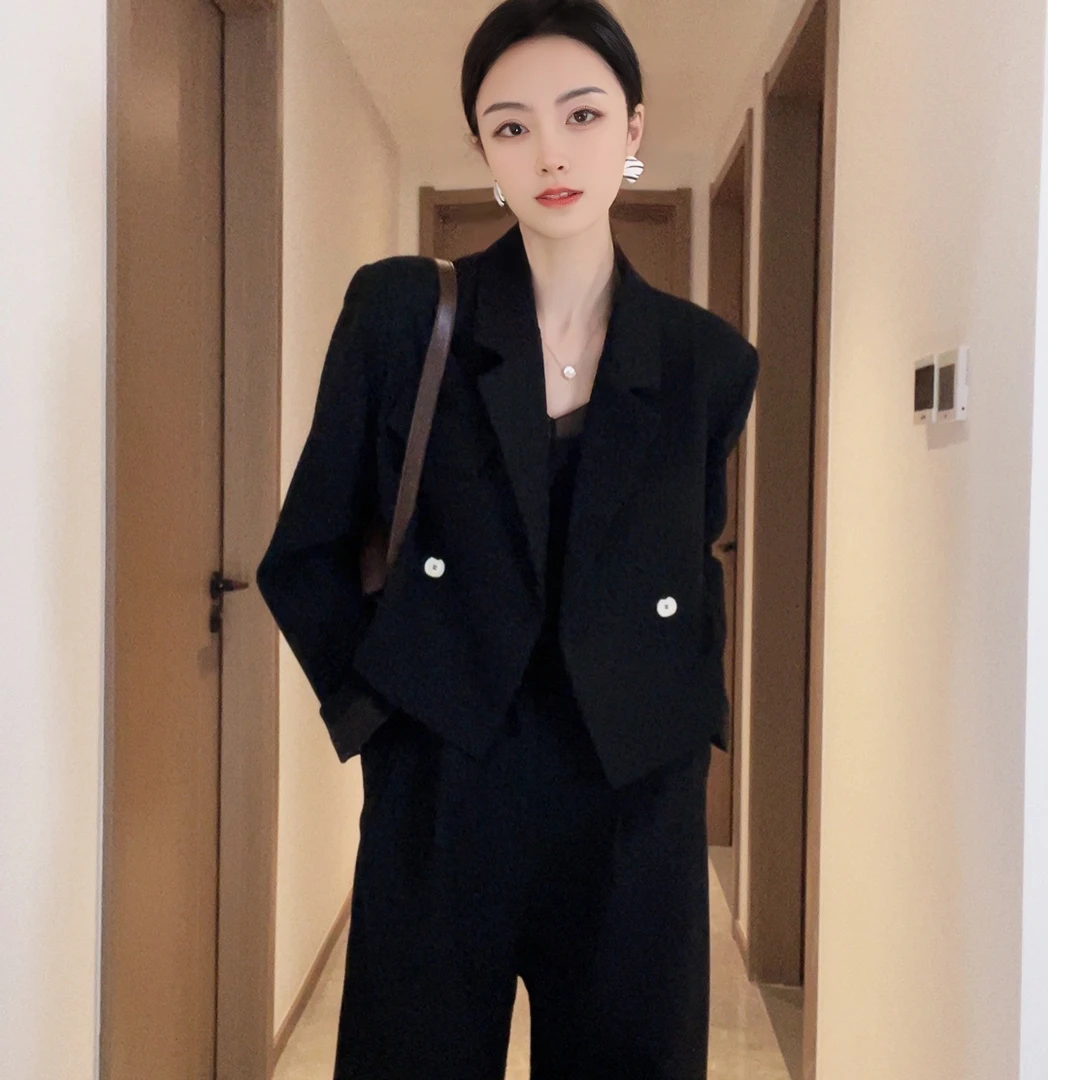 初见~气质极简风西装短外套显瘦直筒西裤时尚两件套装