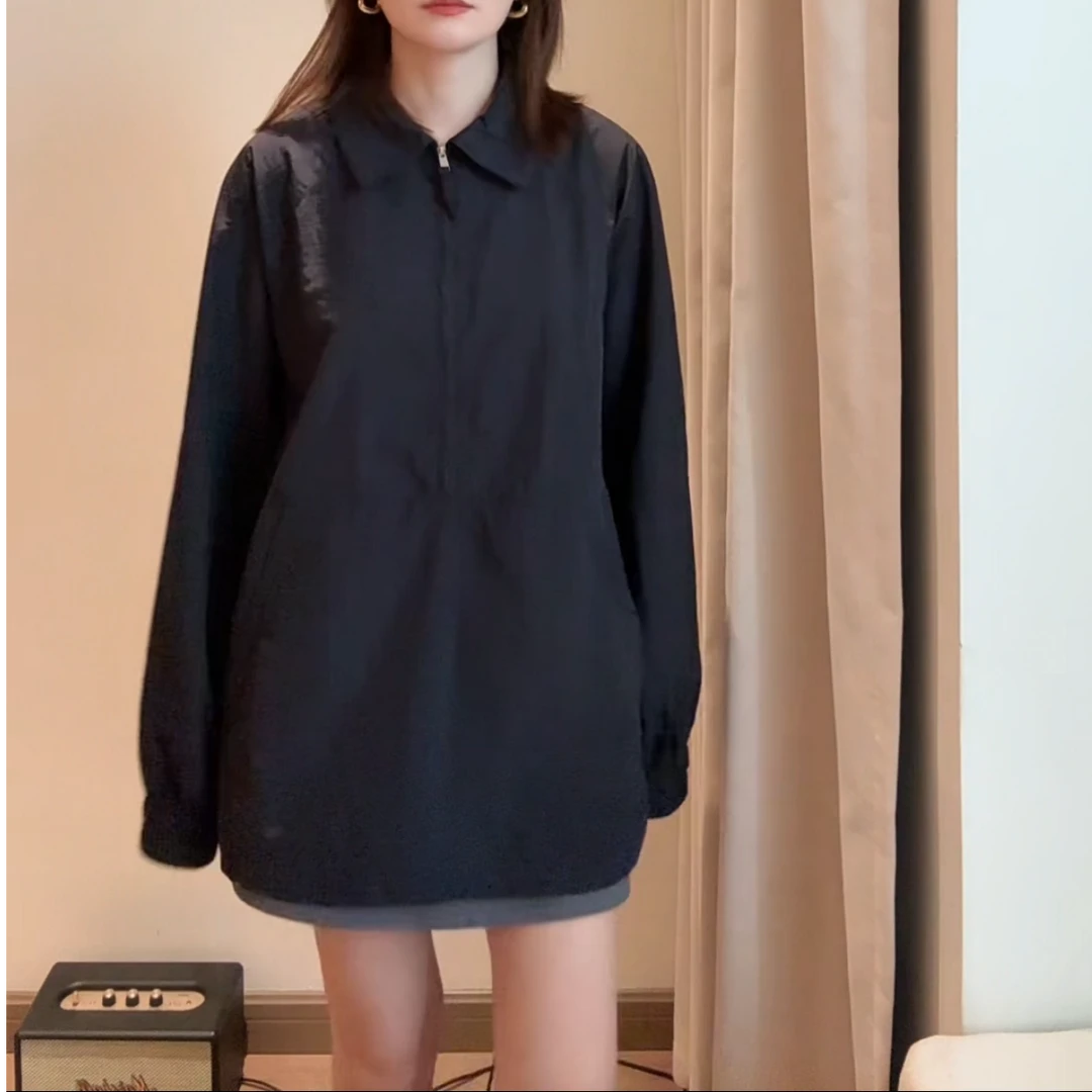 薄款拉链翻领宽松中长款外套设计师黑色长袖翻领休闲冲锋卫衣