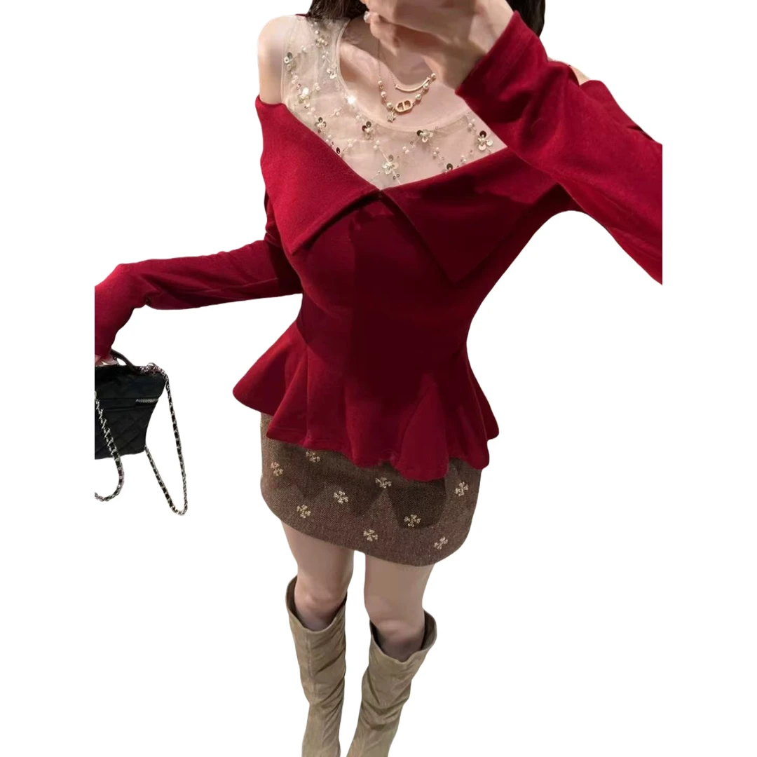 小富婆家假两件一字肩蕾丝拼接女秋冬新款露肩绝美T恤