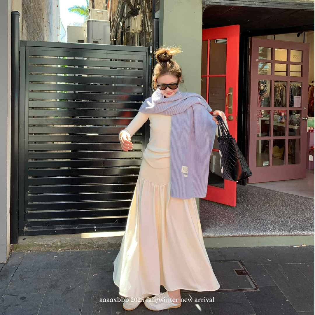 2025早秋新款针织套装女韩系气质套头长袖上衣高腰半身长裙两件套