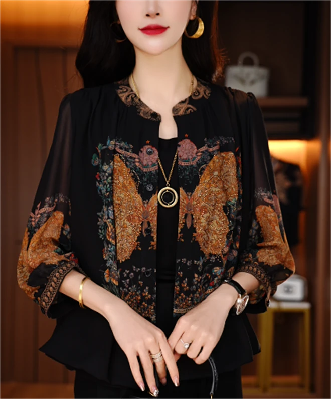 防晒夏季七分袖衬衫薄款长袖宽松印花短外套气质复古常规V25Z356