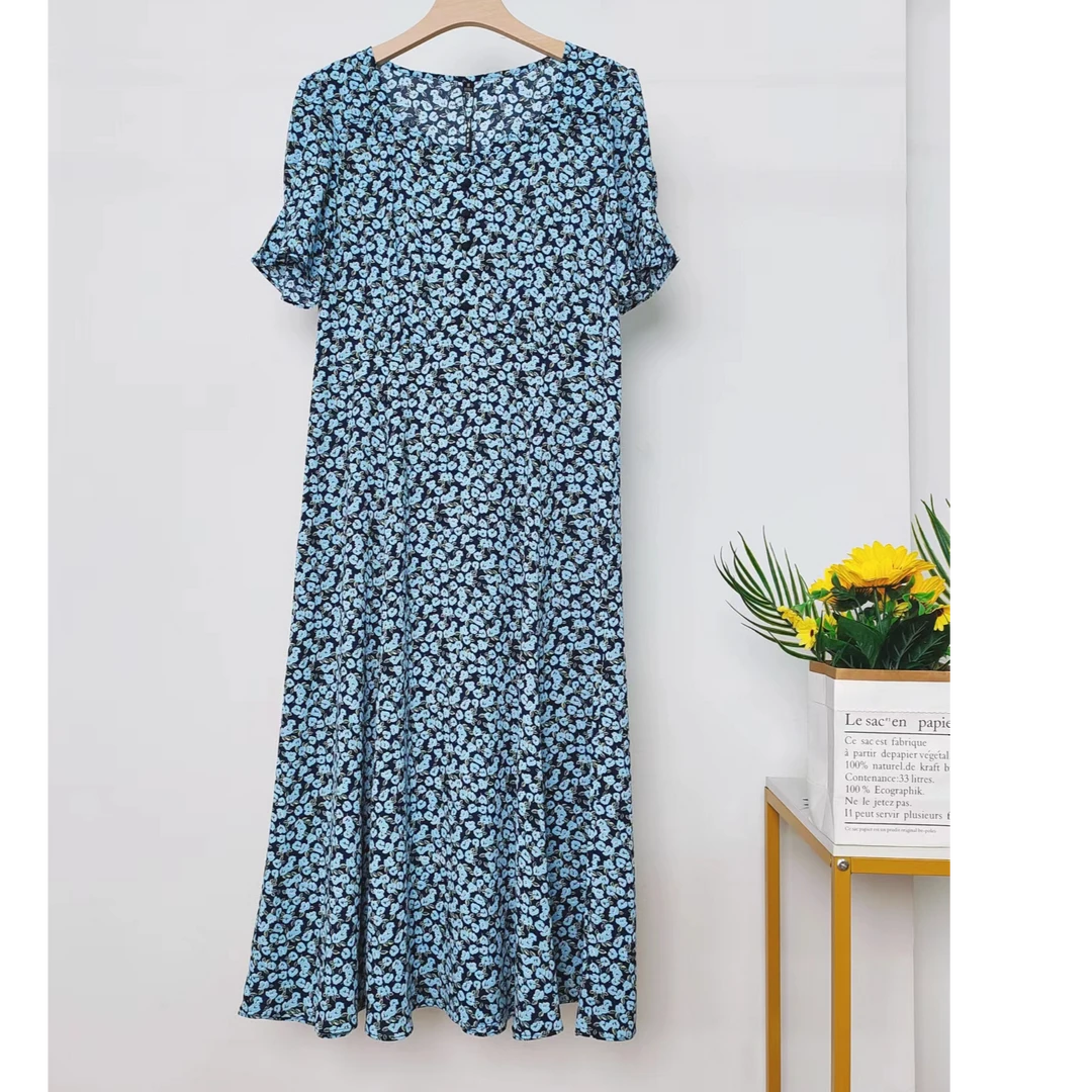 燕妮雅姿新款气质显瘦洋气减龄碎花雪纺V领连衣裙L867 FL