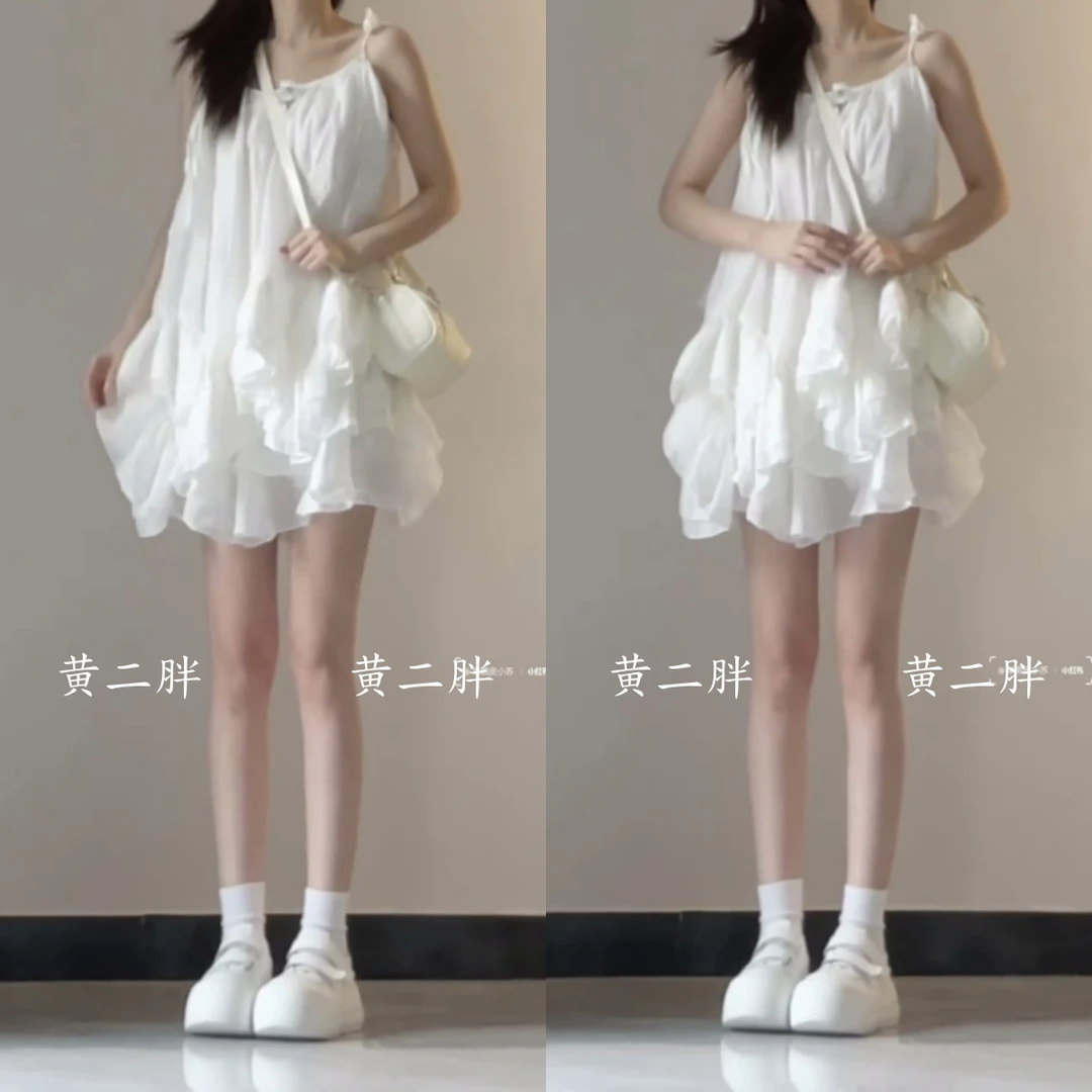 仙气飘飘白色荷叶边仙女连衣裙海边度假风吊带蓬蓬裙2025夏季新款