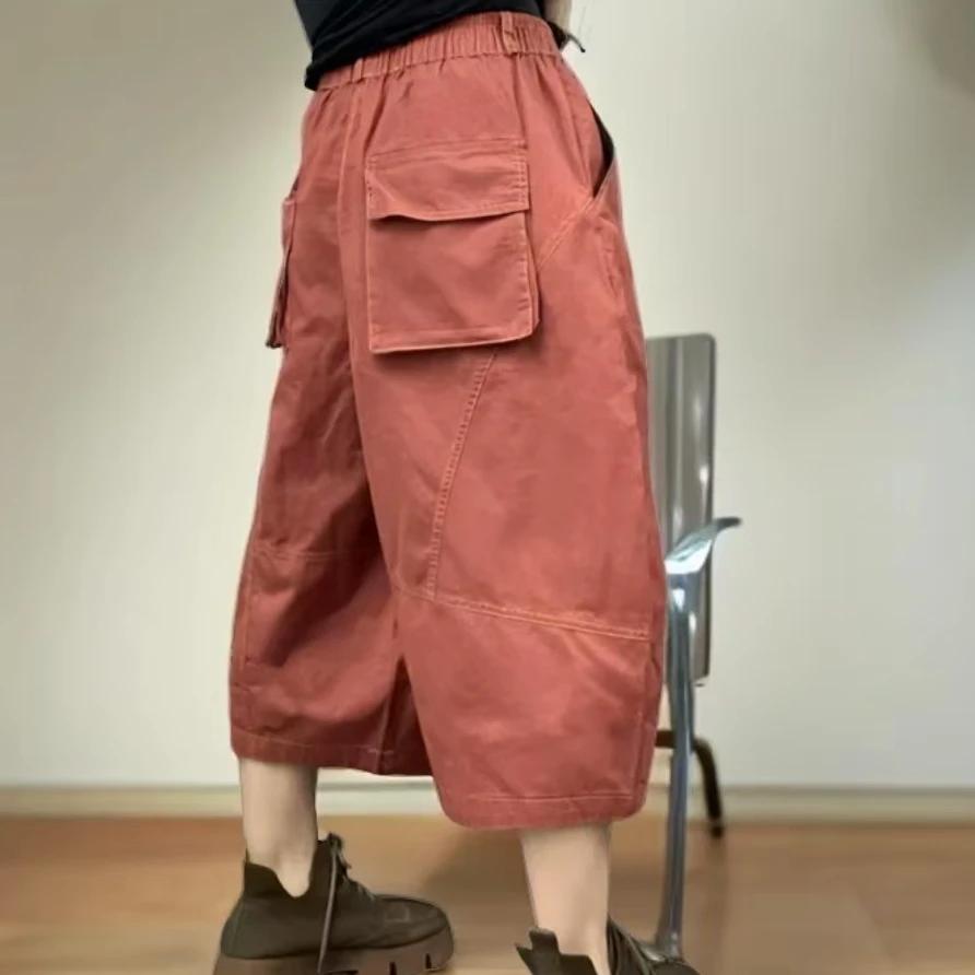 口袋夏季明线阔腿裤韩版休闲裤百搭工装裤阔腿休闲时尚宽松