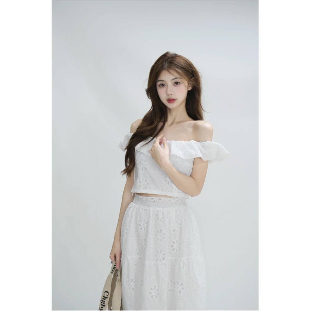 【XIAOBAWANG】法式高级感套装裙女镂空钩花设计高腰半身裙两件套W