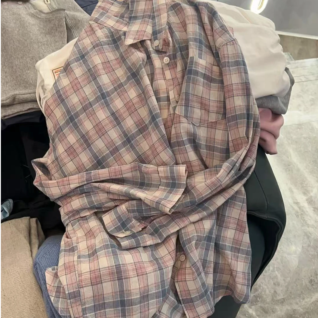 【NO退NO换】韩国东大门2025春款粉蓝格子衬衣