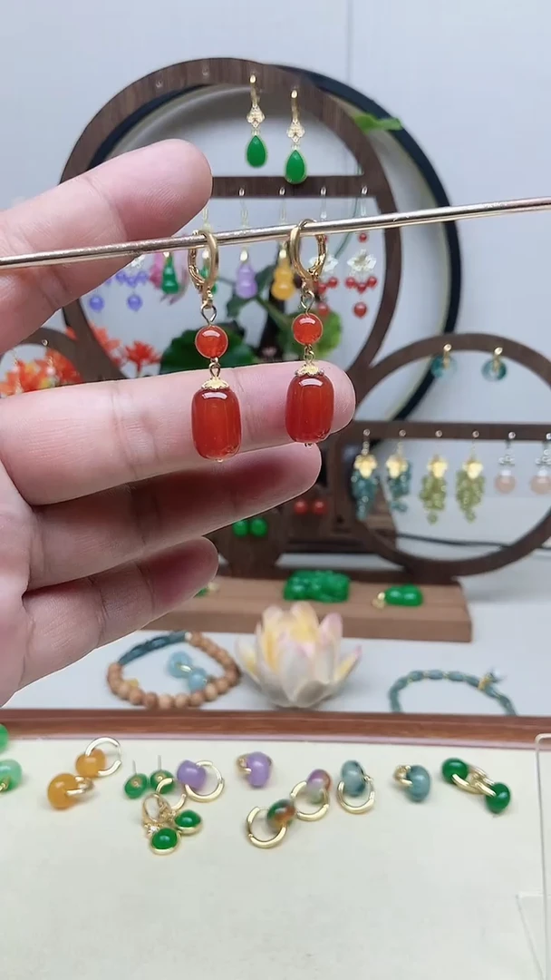 南红玛瑙14K金镶嵌耳饰81号