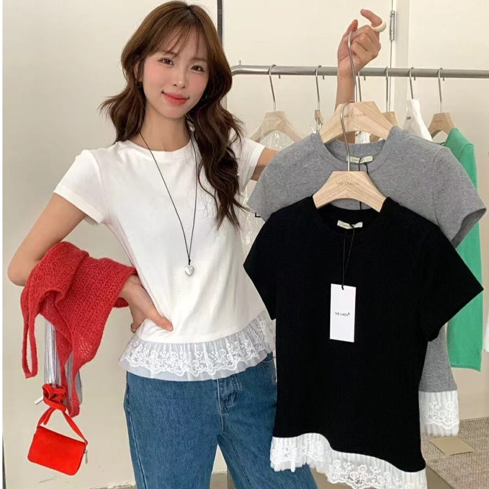 8018#夏季新款女装纯色蕾丝设计拼接气质短袖T恤女