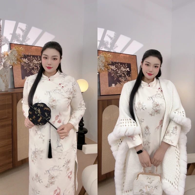 52055【年年有鱼 】胖MM2025秋冬新款加绒国风旗袍连衣裙